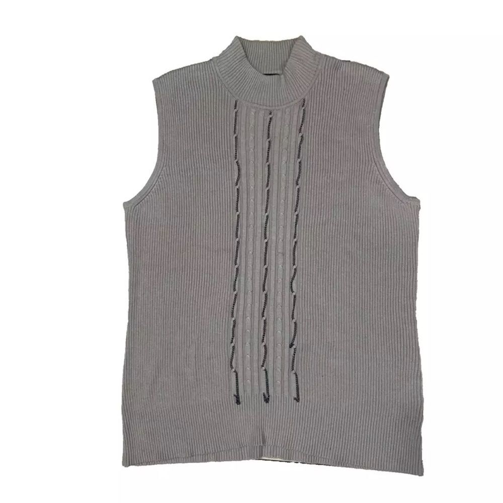 R.Q.T Sweater Knit Vest Sleeveless XL Women Beige Brown Chain Ribbed Mock Neck